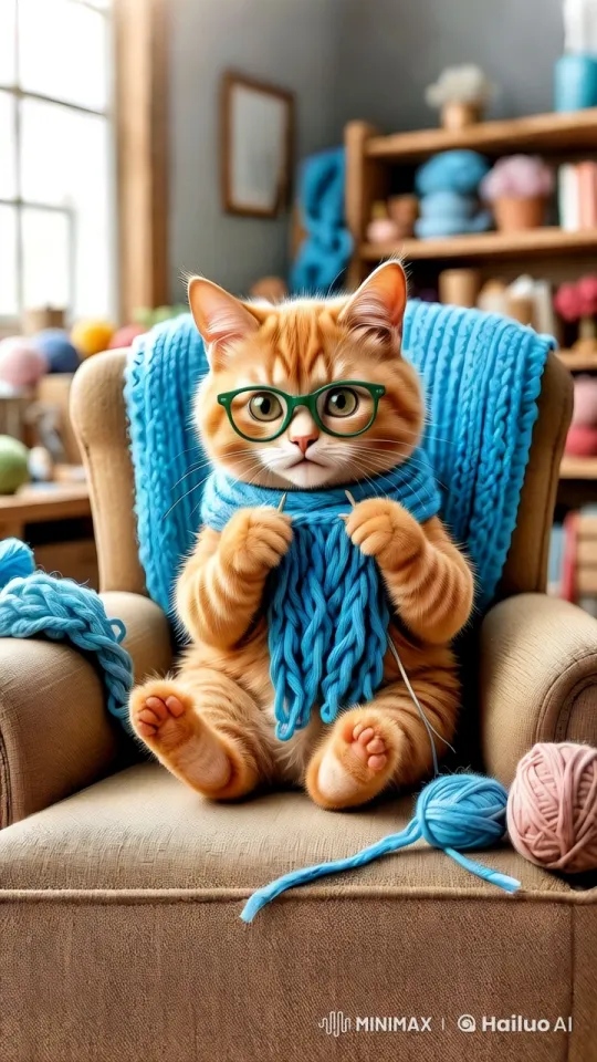 Adorable Cat Knits in Cozy 16K Super-Realistic Room – AI Generated Video | Hailuo AI