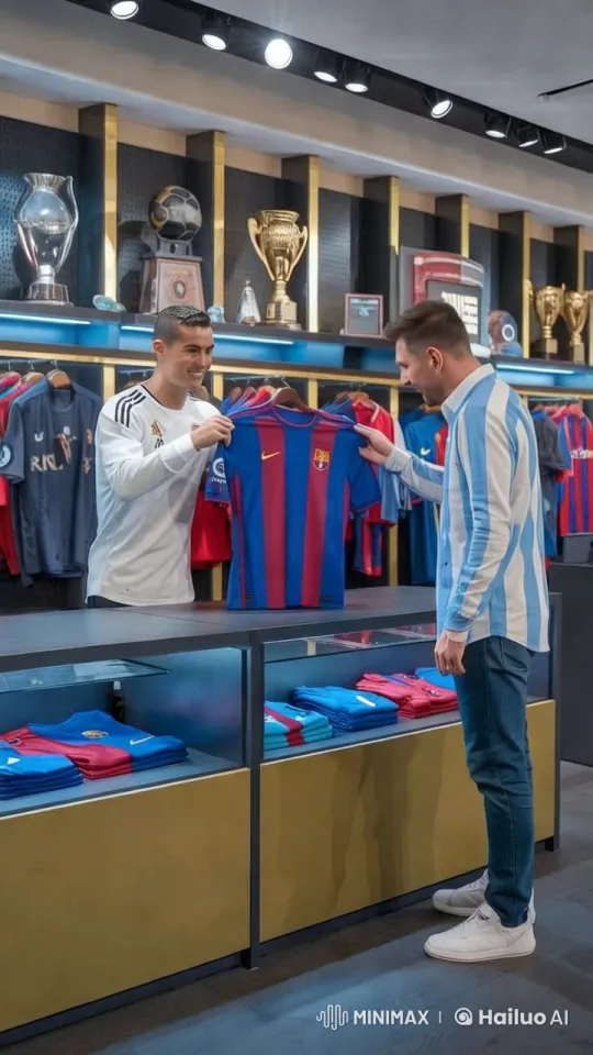 Cristiano Ronaldo and Lionel Messi in High-End Sports Store – AI Generated Video | Hailuo AI