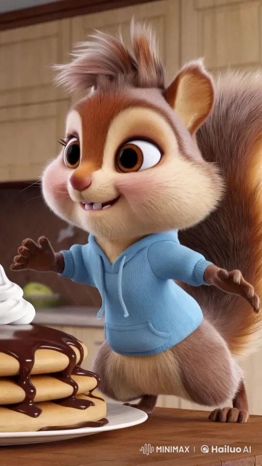 Squirrel Anticipates Stealing Pancake on Cozy Kitchen Table – AI Generated Video | Hailuo AI