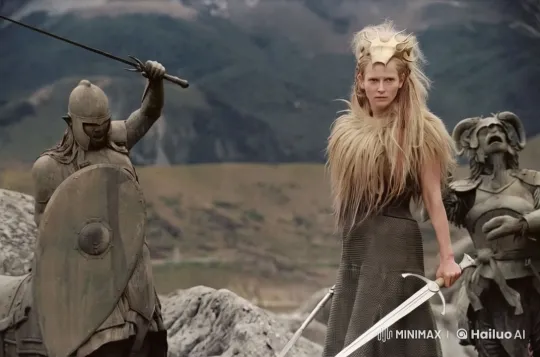Woman in Fur and Crown Wields Sword Amidst Stone Warriors – AI Generated Video | Hailuo AI