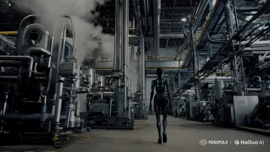 Cyborg Woman Navigates Industrial Factory in Tracking Shot – AI Generated Video | Hailuo AI