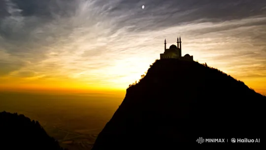 Morning Sunrise Reveals Majestic Mosque on Hill – AI Generated Video | Hailuo AI