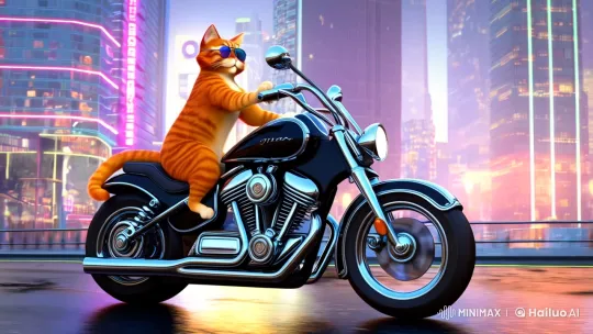Orange Cat Rides Motorbike in Stylish Cityscape – AI Generated Video | Hailuo AI