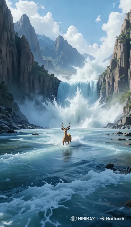 Deer in River with Majestic Waterfall Background – AI Generated Video | Hailuo AI