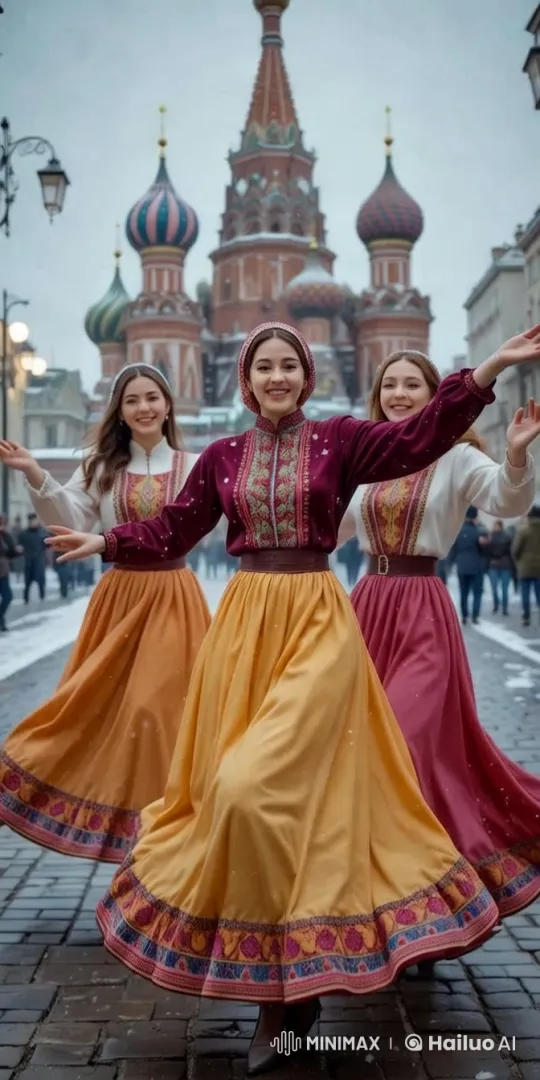 Three Dancers in Russian Attire at St. Basil's Cathedral – AI Generated Video | Hailuo AI