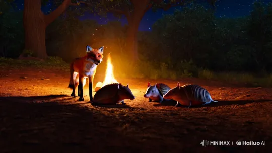 Fox and Armadillos Around a Forest Fire – AI Generated Video | Hailuo AI