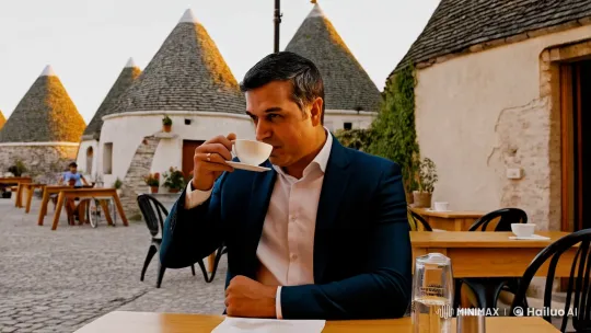 Formal Man Enjoying Espresso at Alberobello Restaurant – AI Generated Video | Hailuo AI