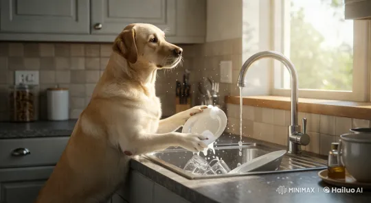 Labrador Dog Washes Dishes in Cozy Kitchen – AI Generated Video | Hailuo AI