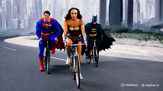 Legendary Superheroes Race in Urban Bike Sequence – AI Generated Video | Hailuo AI