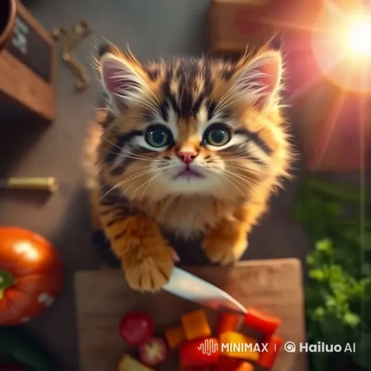 Whimsical Kitten Masterfully Prepares Vegetables – AI Generated Video | Hailuo AI