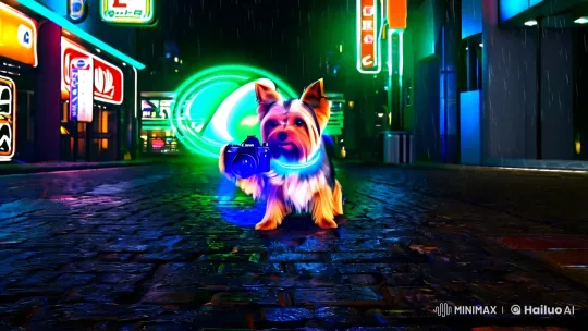 Yorkshire Terrier with Neon Collar in Cyberpunk Cityscape – AI Generated Video | Hailuo AI