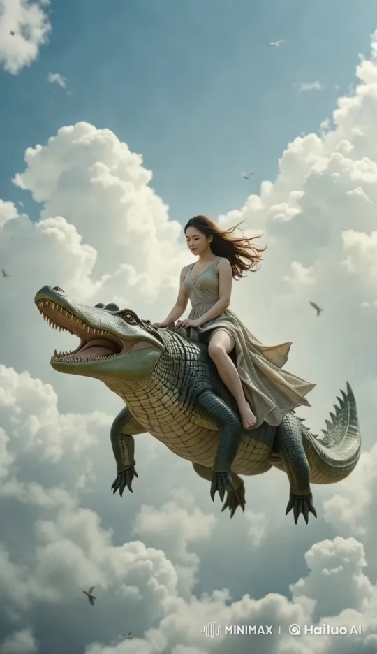 Girl and Flying Crocodile in Dreamlike Sky Scene – AI Generated Video | Hailuo AI