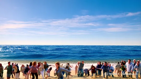Giant Shark Leaps from Ocean in Dramatic Beach Scene – AI Generated Video | Hailuo AI