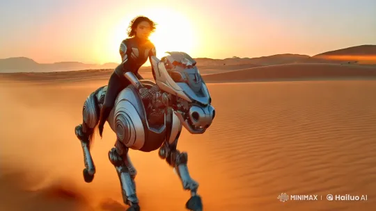 Futuristic Rider on Robotic Steed in Desert Chase – AI Generated Video | Hailuo AI