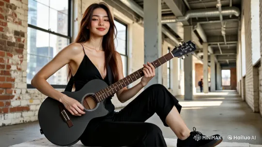 Young Woman Playing Guitar in Industrial Space – AI Generated Video | Hailuo AI