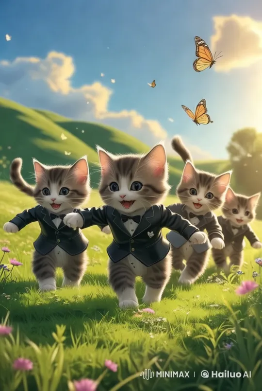 Cats in Black: Playful Frolic in Meadow Paradise – AI Generated Video | Hailuo AI