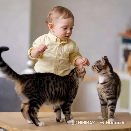 Child Interacts with Two Tabby Cats – AI Generated Video | Hailuo AI