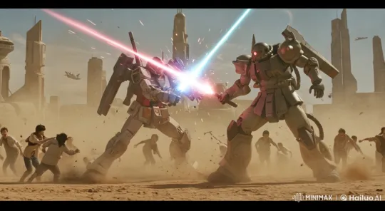 Futuristic Robots Duel in Desert Sci-Fi Cityscape – AI Generated Video | Hailuo AI