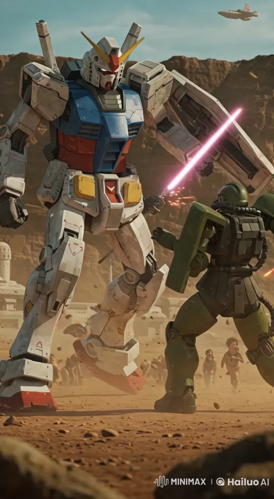 Desert Duel: Colossal Robots Clash with Beam Sabers – AI Generated Video | Hailuo AI