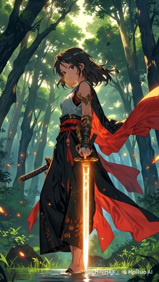 Warrior in Luminous Forest Awaits with Glowing Sword – AI Generated Video | Hailuo AI