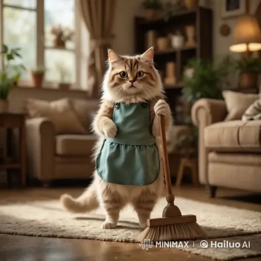 Fluffy Cat Dances with Broom in Sunlit Living Room – AI Generated Video | Hailuo AI