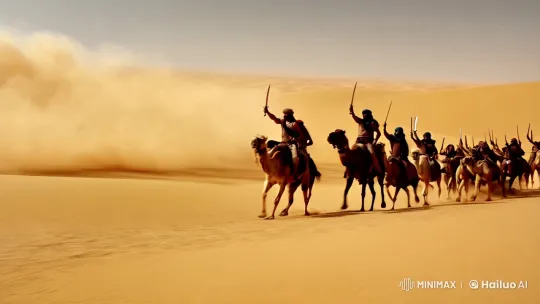Arabian Warriors Charge Through Desert Panorama – AI Generated Video | Hailuo AI