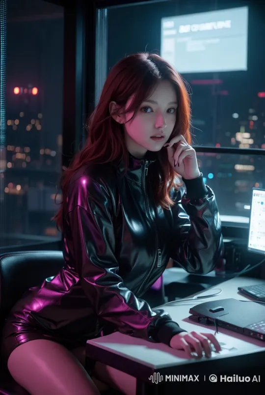 Mysterious Hacker at Night in Neon-Lit Cityscape – AI Generated Video | Hailuo AI