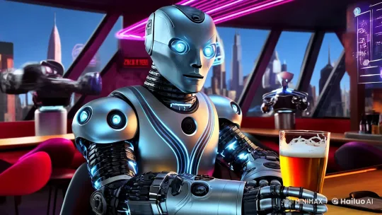 Futuristic Robot Socializes in High-Tech Cyberpunk Bar – AI Generated Video | Hailuo AI