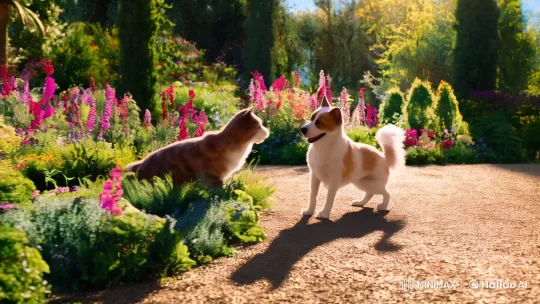 Whimsical Dance: Cat and Dog in Sunlit Garden – AI Generated Video | Hailuo AI
