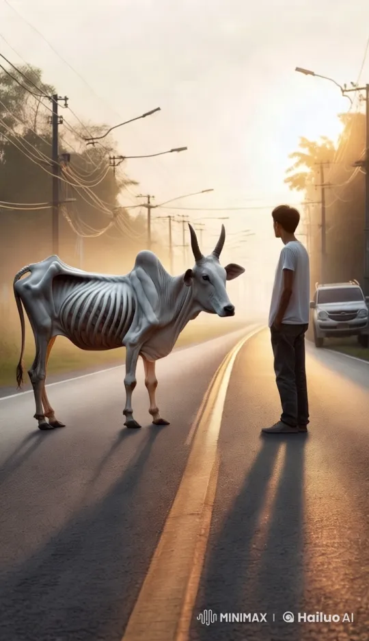 Emaciated Cow Confronts Man on Serene Road – AI Generated Video | Hailuo AI
