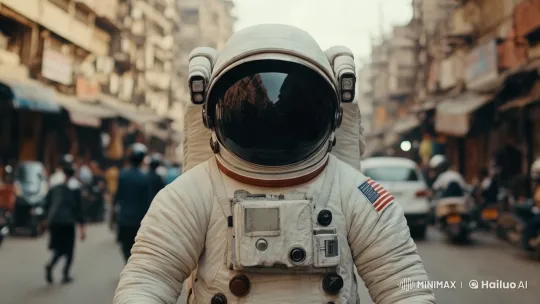 Astronaut Stands Amidst Bustling Cityscape – AI Generated Video | Hailuo AI