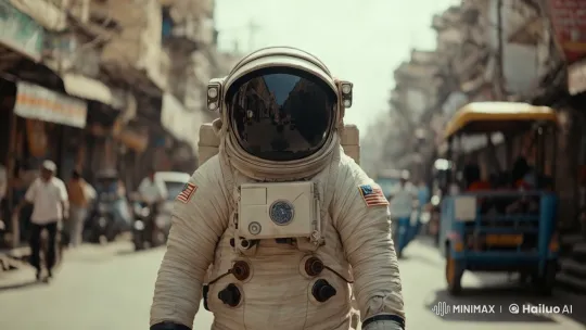 Astronaut Strolls Through Bustling Urban Street – AI Generated Video | Hailuo AI