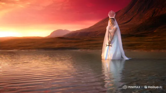 Mystical Queen and Majestic Wolf at Sunset Lake – AI Generated Video | Hailuo AI