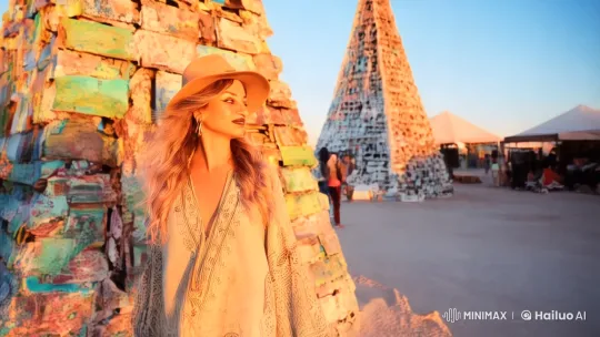 Burning Man Festival: Woman in Bohemian Style Amidst Art and Sunset – AI Generated Video | Hailuo AI