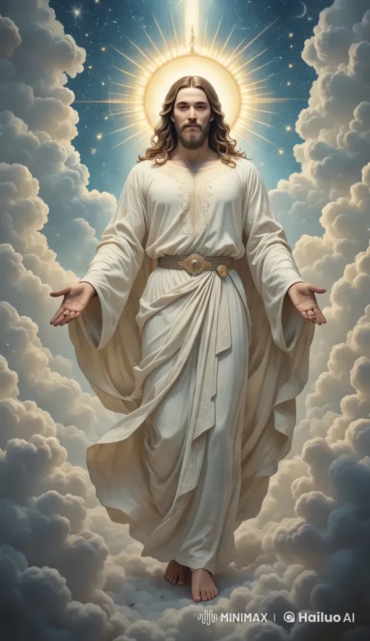 Divine Figure in Celestial Halo Amidst Heavenly Clouds – AI Generated Video | Hailuo AI