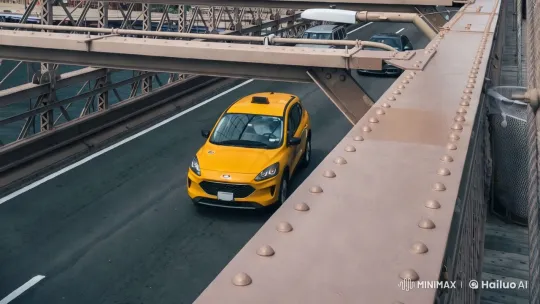Vibrant Taxi Drive on Aesthetic Bridge with Dynamic Tracking Shot – AI Generated Video | Hailuo AI