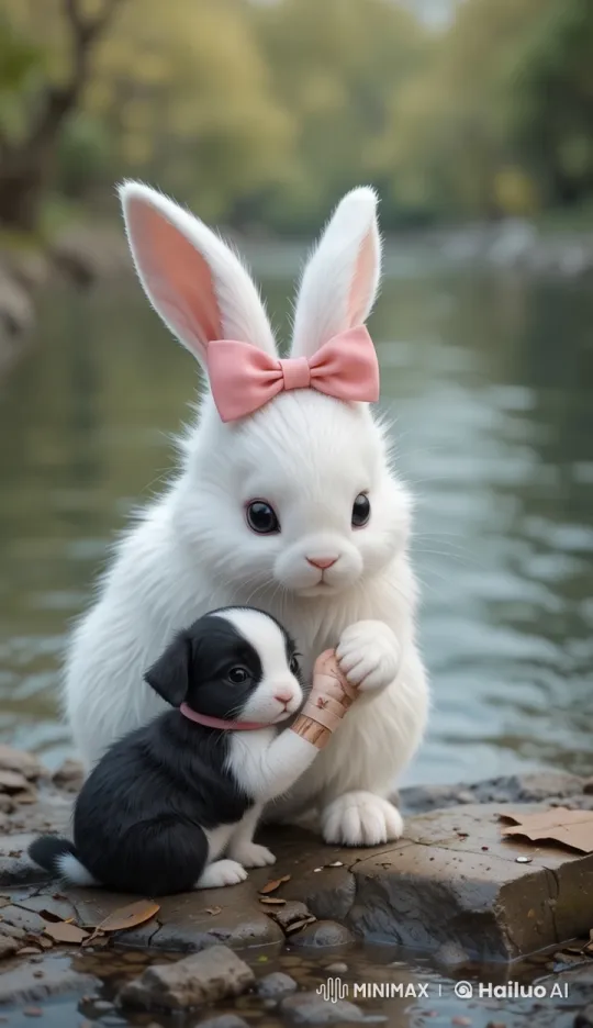 White Rabbit Cares for Puppy's Injured Paw by the River – AI Generated Video | Hailuo AI