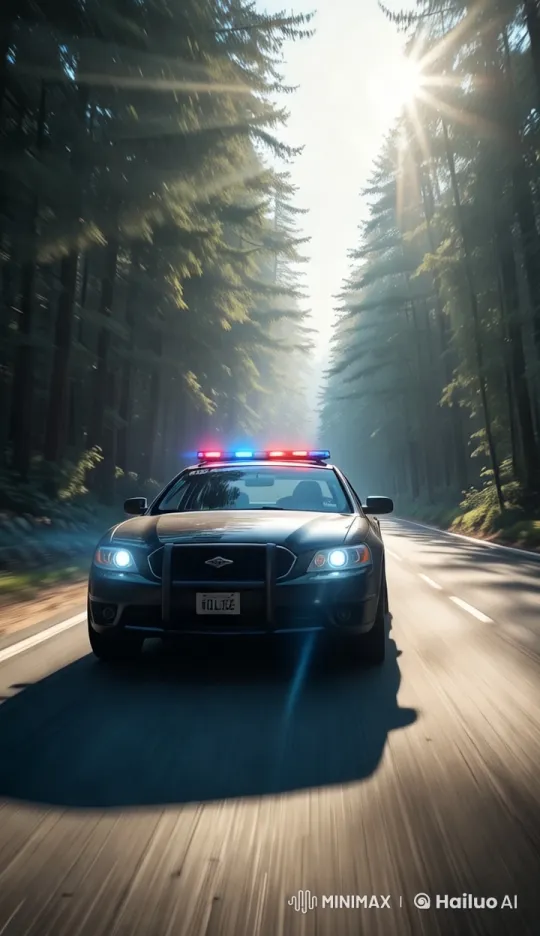 Police Car Races Through Sunlit Forest Road – AI Generated Video | Hailuo AI
