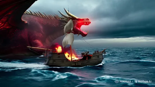 Dragon Attacks Ship Amidst Stormy Ocean Chaos – AI Generated Video | Hailuo AI