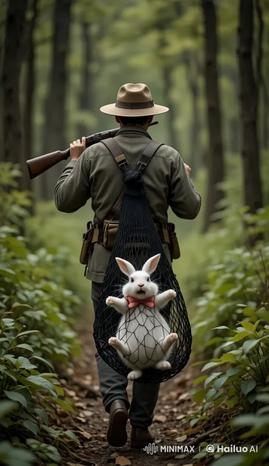 Hunter Drags Struggling Rabbit Through Forest – AI Generated Video | Hailuo AI