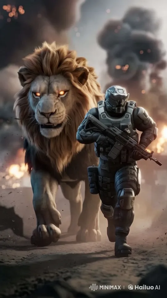 Futuristic Soldier and Lion Charge Through Warzone – AI Generated Video | Hailuo AI
