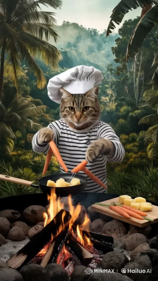 Chef Cat Cooks Potatoes in a Lush Forest – AI Generated Video | Hailuo AI