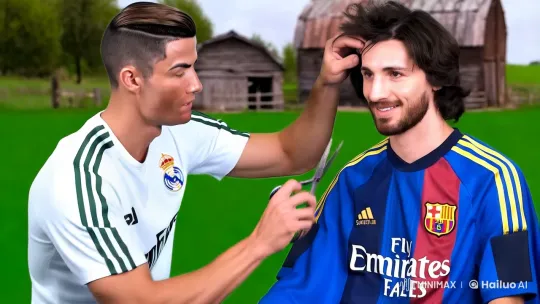 Ronaldo Cuts Messi's Hair in Rural Real Madrid Imagery – AI Generated Video | Hailuo AI