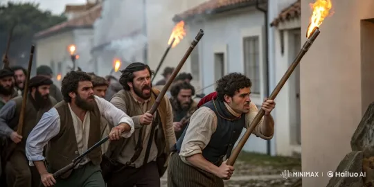 Determined Group with Torches on Cobblestone Street – AI Generated Video | Hailuo AI