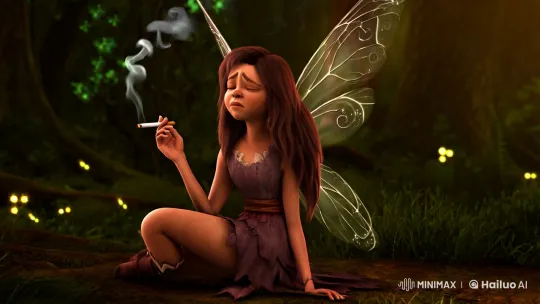 Tired Fairy Smokes in Mystical Forest Clearing – AI Generated Video | Hailuo AI