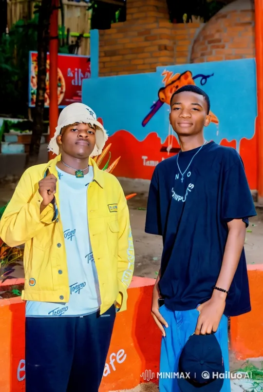 Two Men Pose Confidently in Front of Colorful Mural – AI Generated Video | Hailuo AI