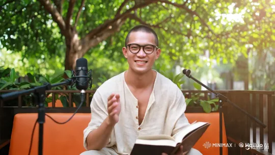 Asian Man Reading in Lush Café with Microphone – AI Generated Video | Hailuo AI