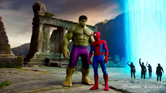 Hulk and Spiderman Depart Through Portal in Cinematic Scene – AI Generated Video | Hailuo AI