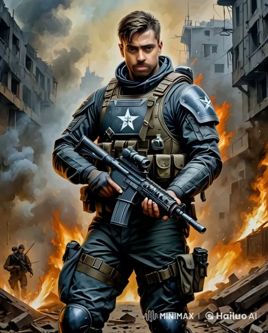 Brave Soldier Marches Through Fiery Aftermath – AI Generated Video | Hailuo AI