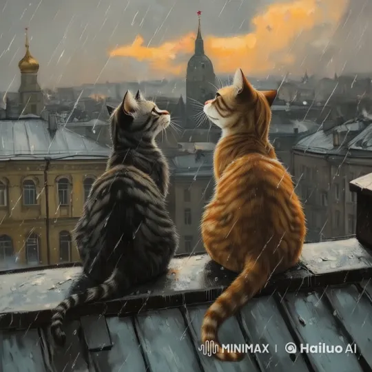 Cats on Rooftop Observe Rainy Cityscape – AI Generated Video | Hailuo AI
